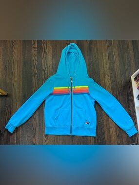 Aviator Nation Aqua Zip Hoodie with Rainbow Chest Stripes